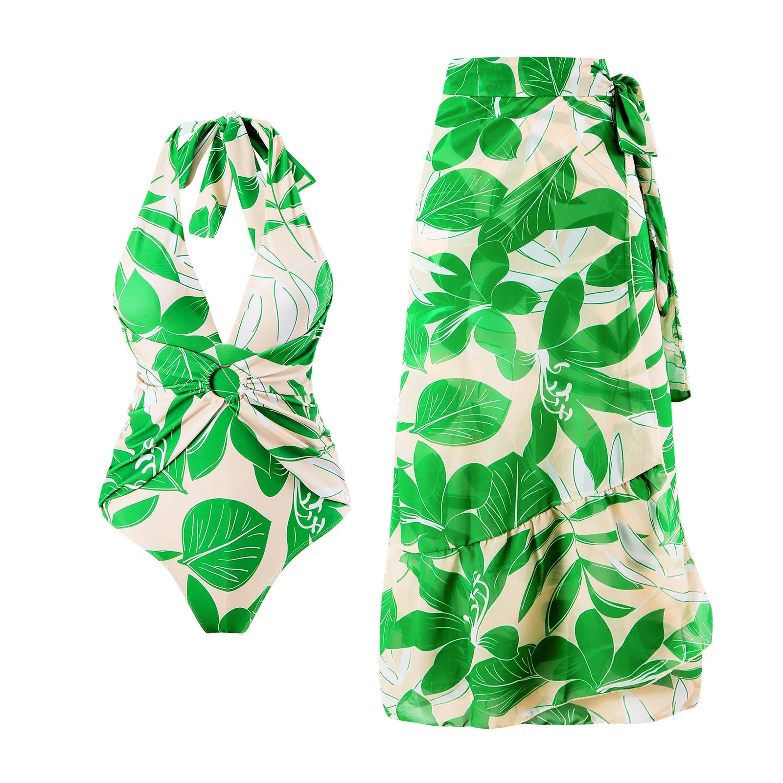 Floral Ruffle Push-Up Bikini Set — Strappy Bandage Swimwear for Women