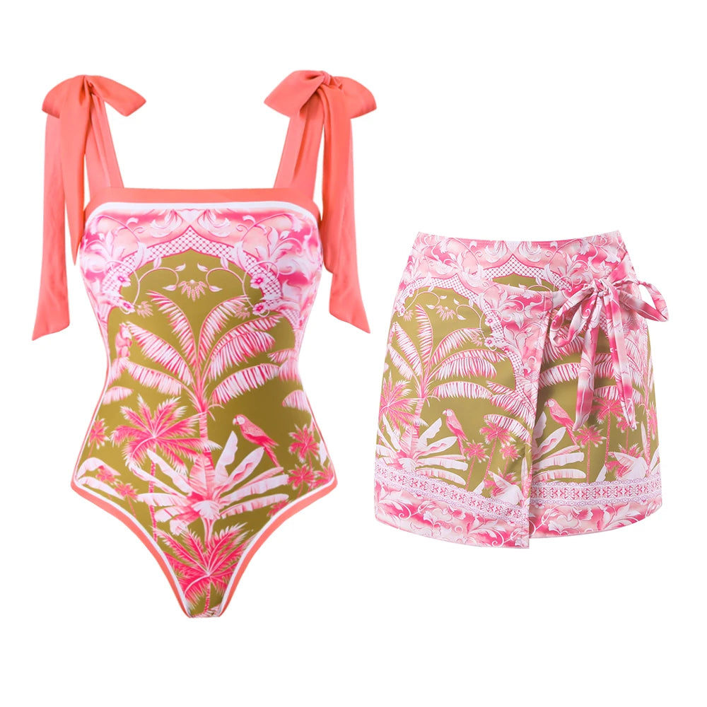 Floral Ruffle Push-Up Bikini Set — Strappy Bandage Swimwear for Women