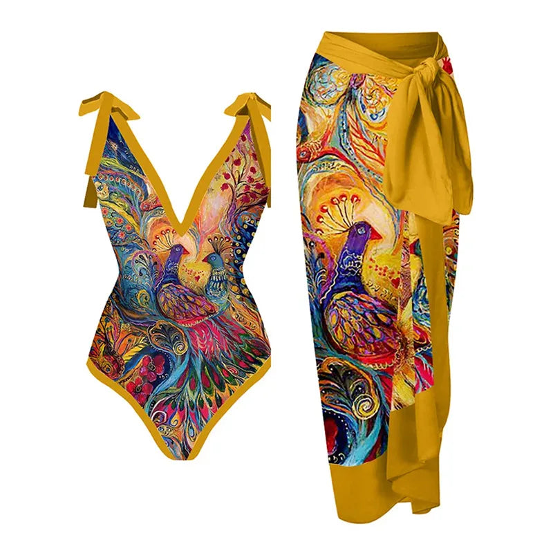 Floral Ruffle Push-Up Bikini Set — Strappy Bandage Swimwear for Women