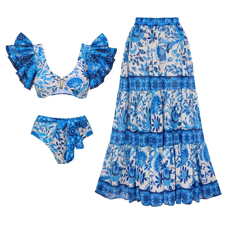 Floral Ruffle Push-Up Bikini Set — Strappy Bandage Swimwear for Women