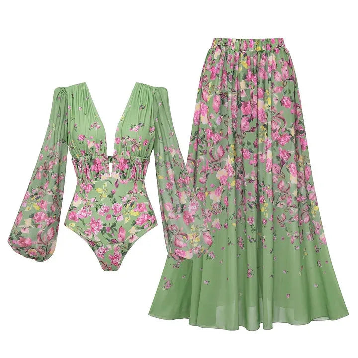 2026 Deep V Swimsuit Long Skirt Women Bikini Printed Swimwear Push Up Biquini Female Fashion Bathing Suit Slimming Beachwear