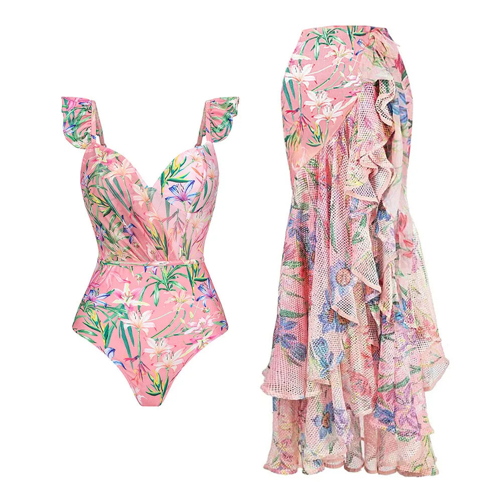 Floral Ruffle Push-Up Bikini Set — Strappy Bandage Swimwear for Women
