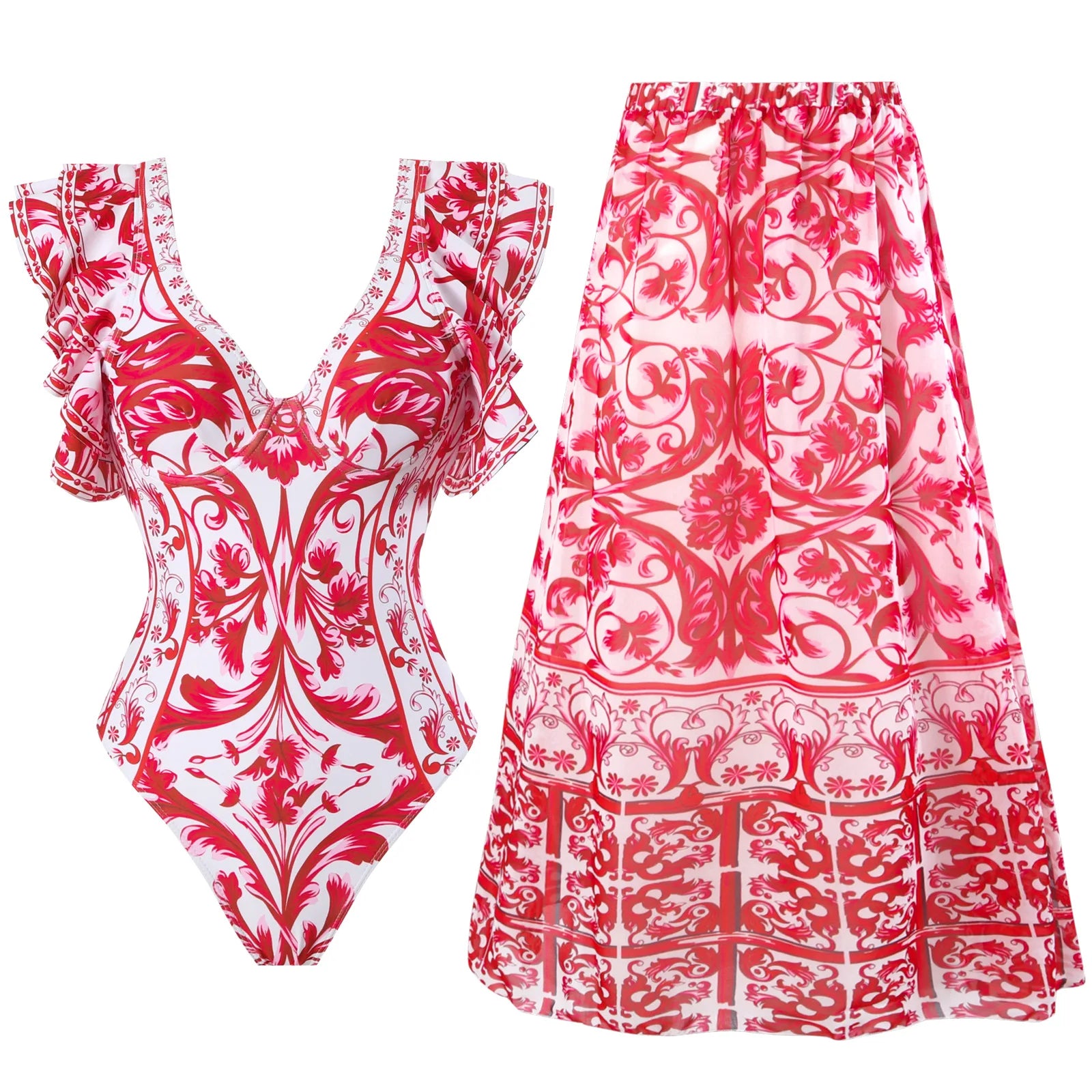 Floral Ruffle Push-Up Bikini Set — Strappy Bandage Swimwear for Women