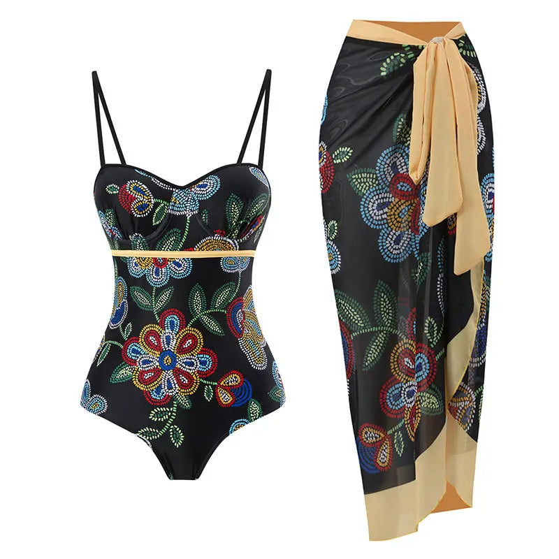 Floral Ruffle Push-Up Bikini Set — Strappy Bandage Swimwear for Women