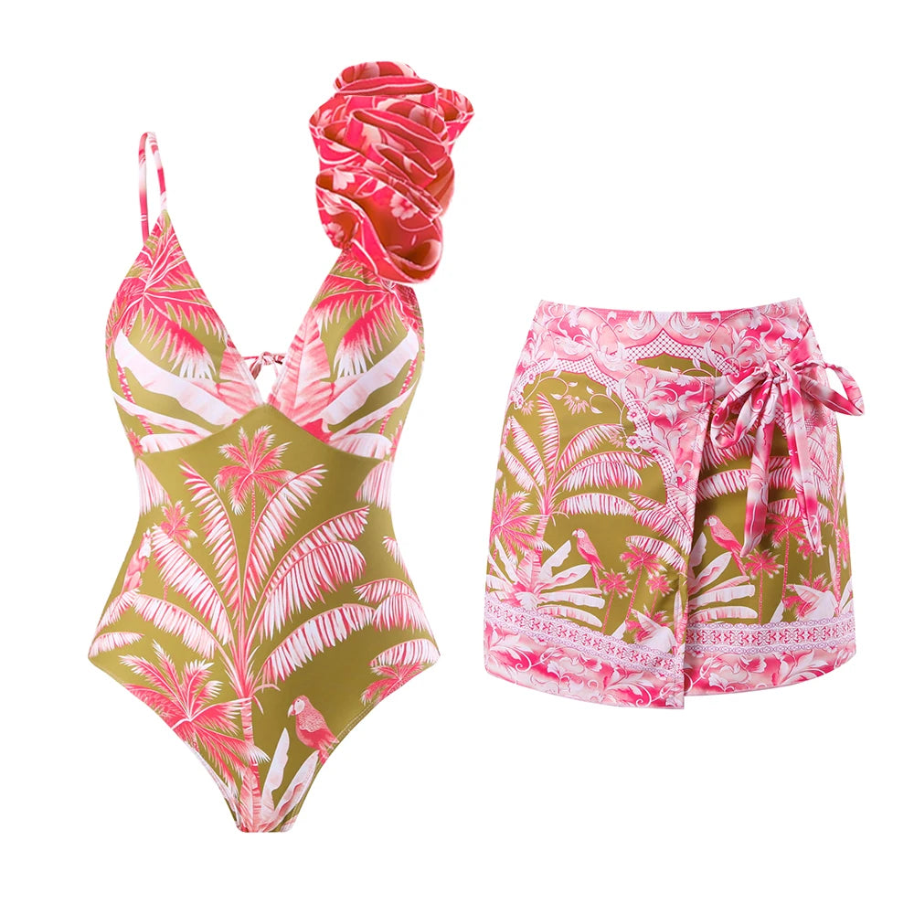 Floral Ruffle Push-Up Bikini Set — Strappy Bandage Swimwear for Women