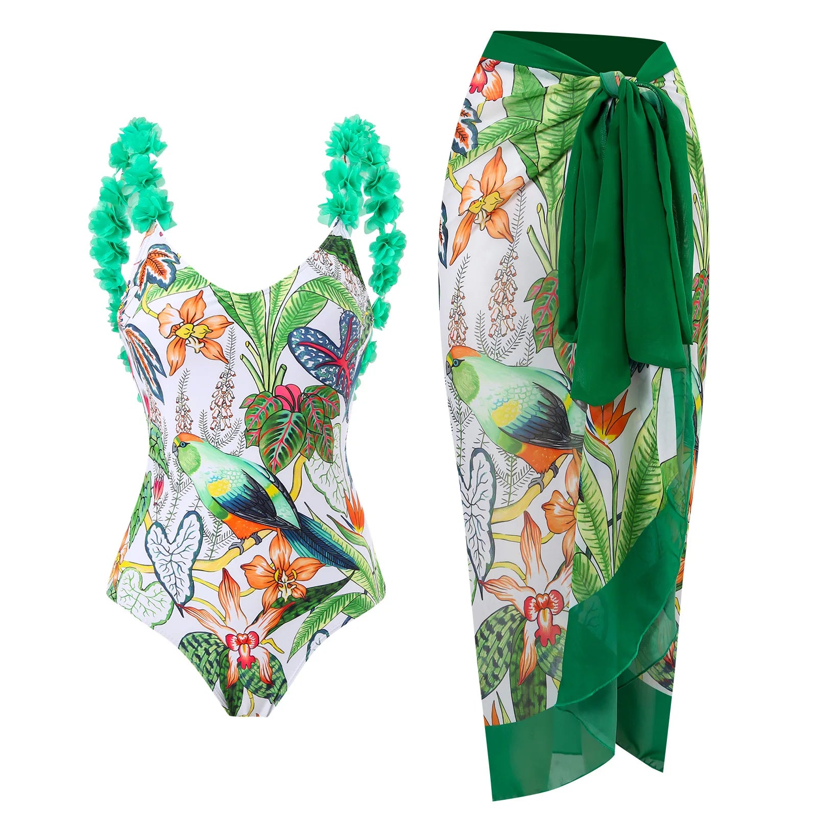 Floral Ruffle Push-Up Bikini Set — Strappy Bandage Swimwear for Women
