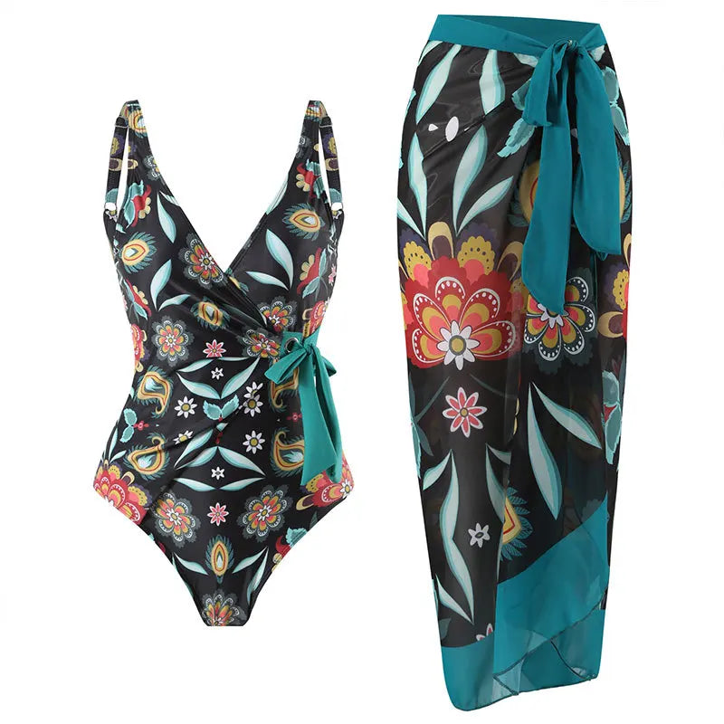 Floral Ruffle Push-Up Bikini Set — Strappy Bandage Swimwear for Women