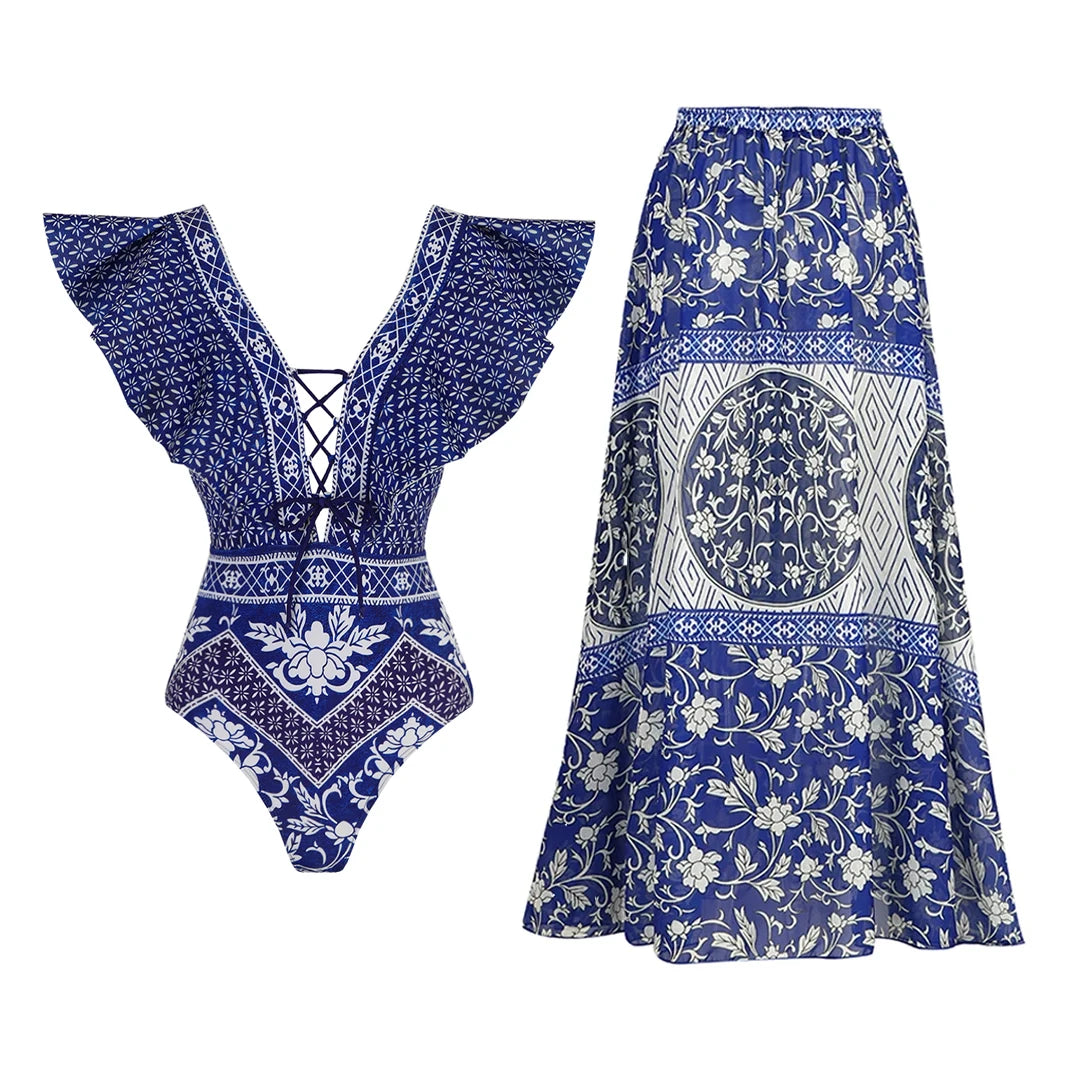 Floral Ruffle Push-Up Bikini Set — Strappy Bandage Swimwear for Women