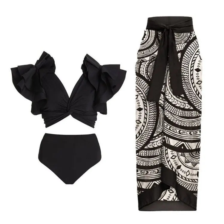 Floral Ruffle Push-Up Bikini Set — Strappy Bandage Swimwear for Women