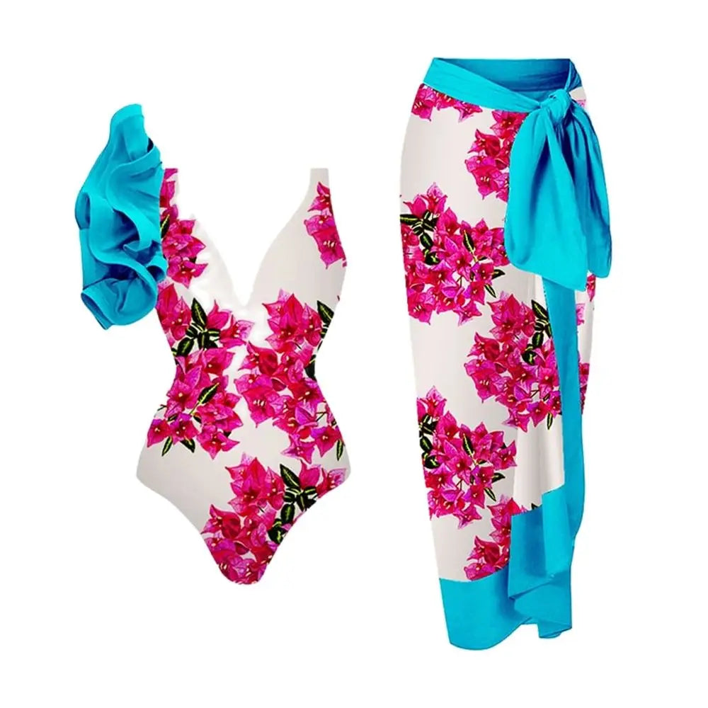 Floral Ruffle Push-Up Bikini Set — Strappy Bandage Swimwear for Women
