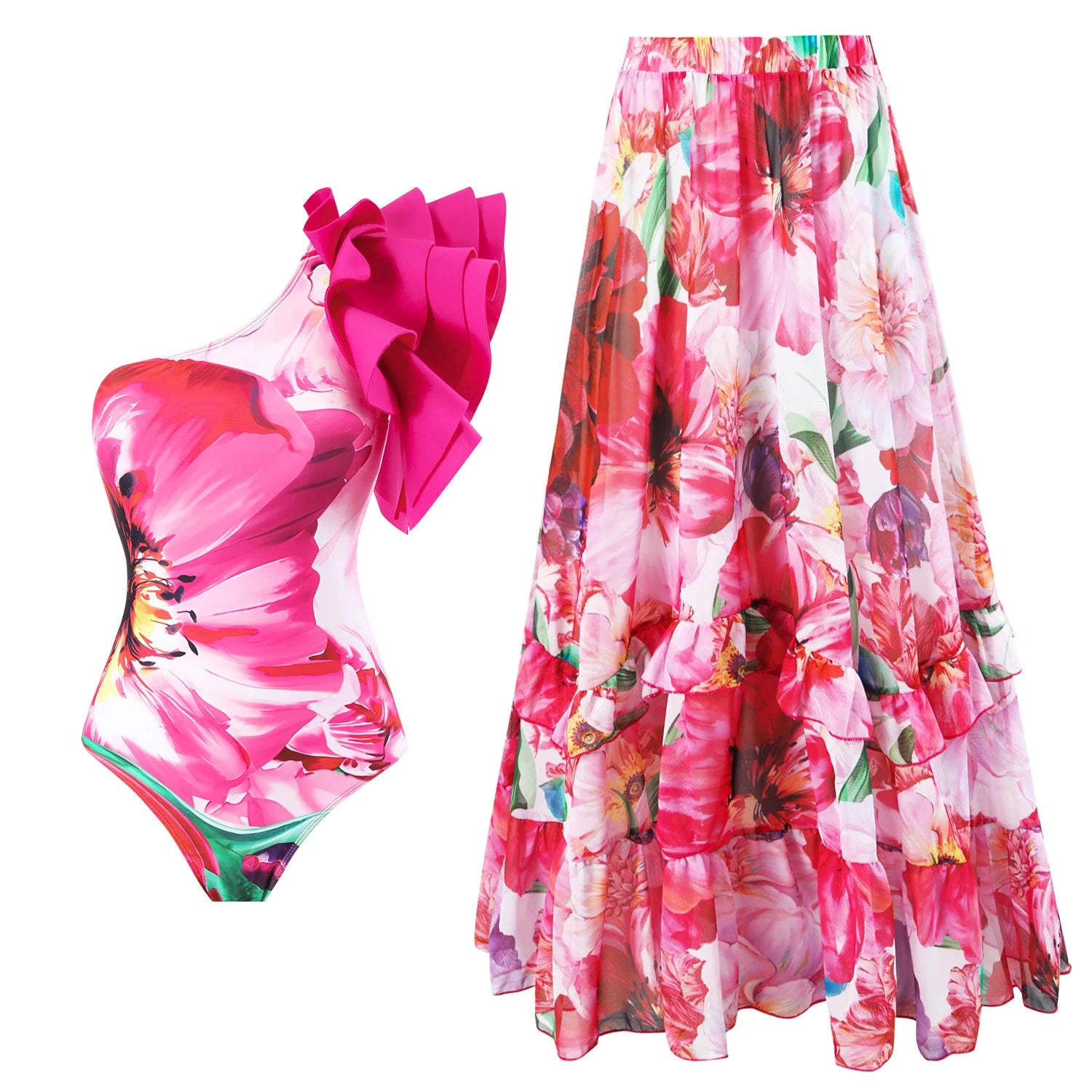 Floral Ruffle Push-Up Bikini Set — Strappy Bandage Swimwear for Women