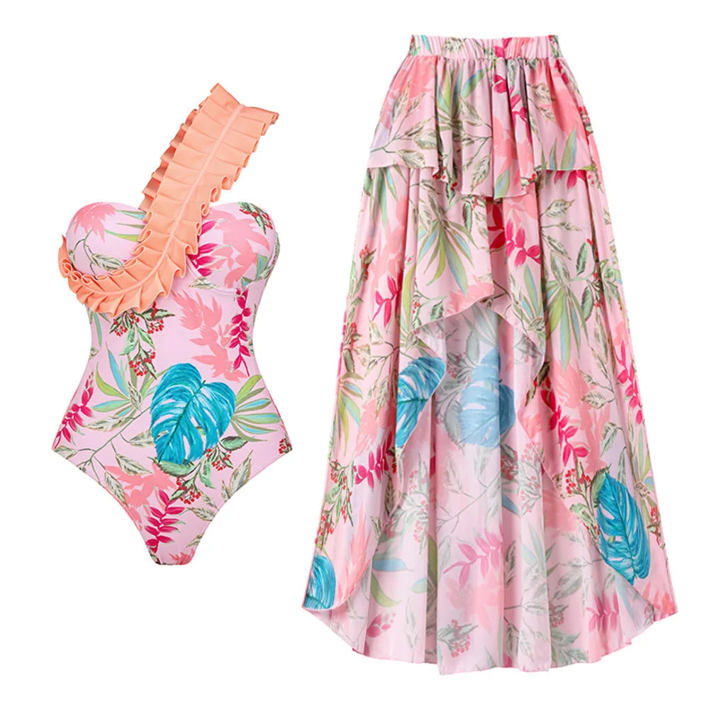 Floral Ruffle Push-Up Bikini Set — Strappy Bandage Swimwear for Women