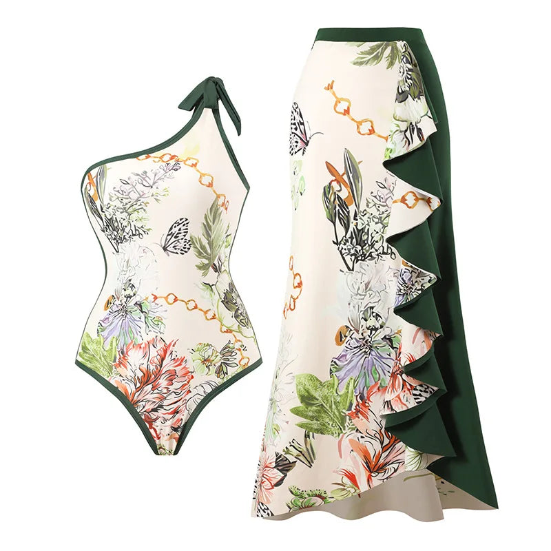 Floral Ruffle Push-Up Bikini Set — Strappy Bandage Swimwear for Women