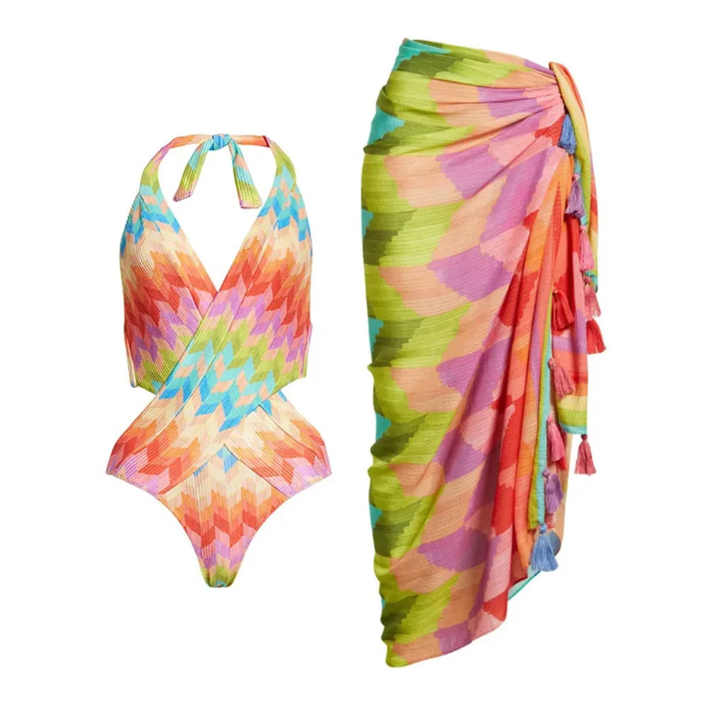 Floral Ruffle Push-Up Bikini Set — Strappy Bandage Swimwear for Women