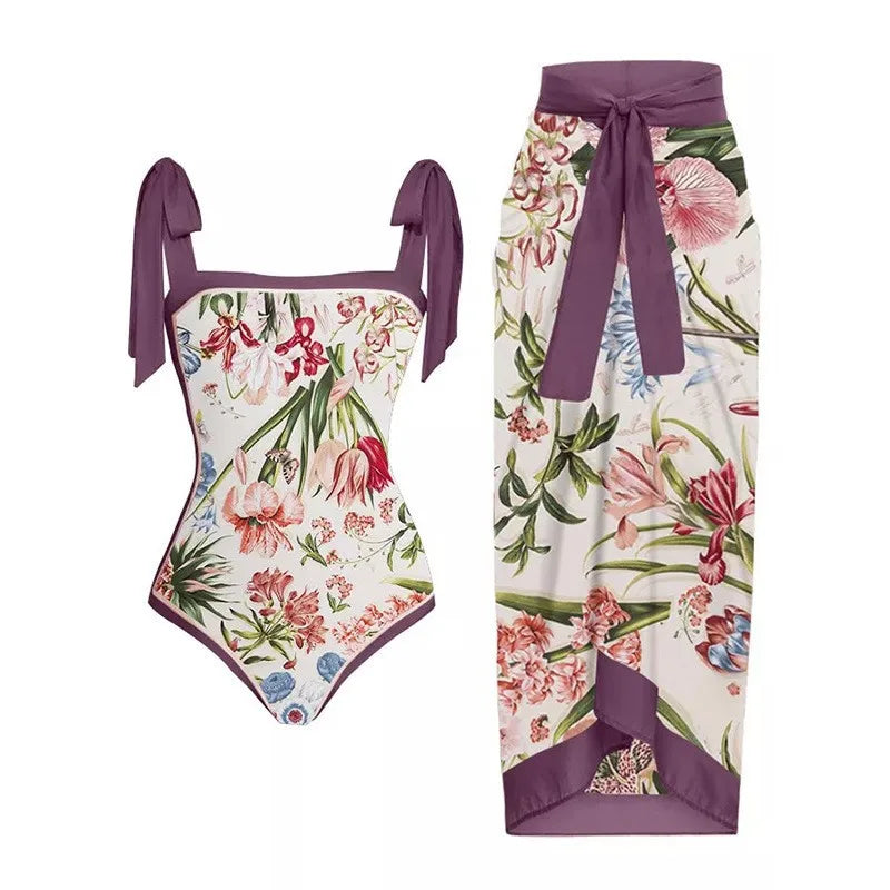 Floral Ruffle Push-Up Bikini Set — Strappy Bandage Swimwear for Women