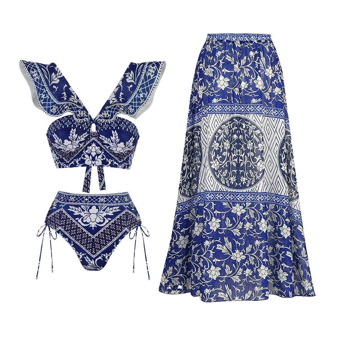 Floral Ruffle Push-Up Bikini Set — Strappy Bandage Swimwear for Women