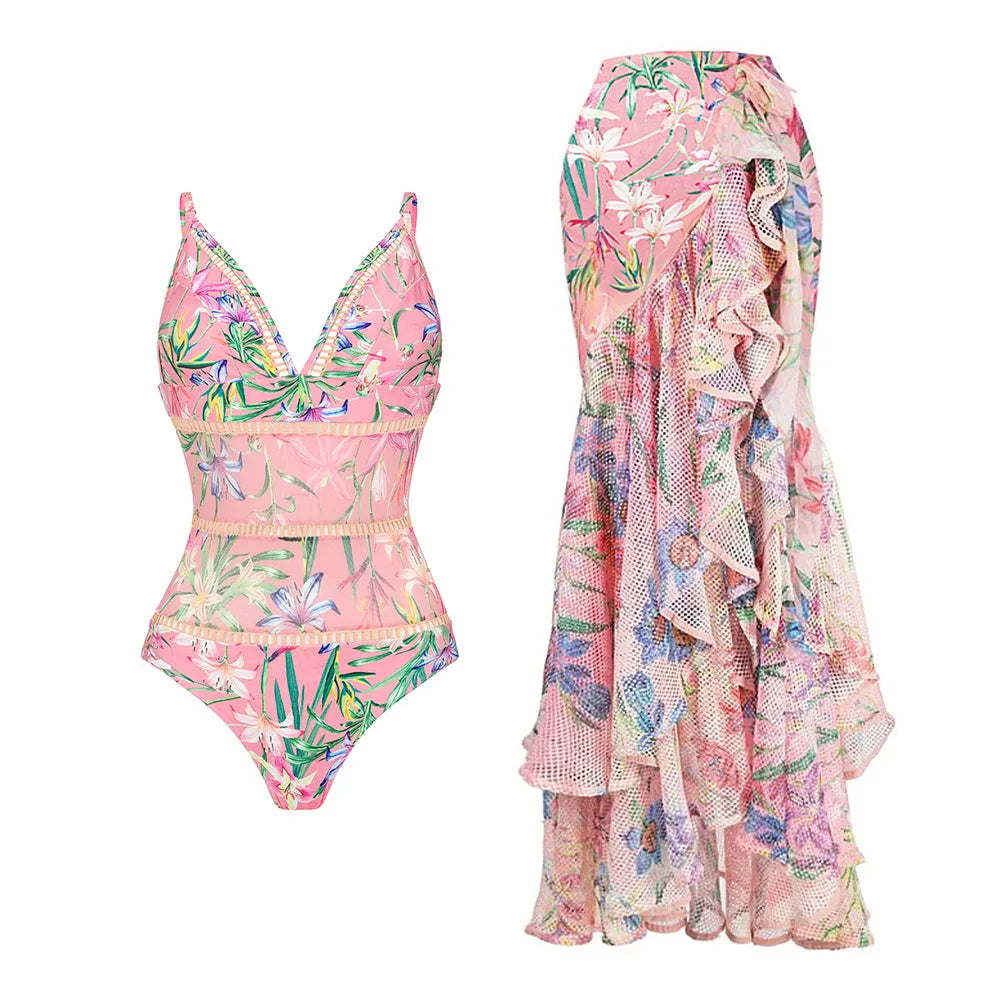Floral Ruffle Push-Up Bikini Set — Strappy Bandage Swimwear for Women