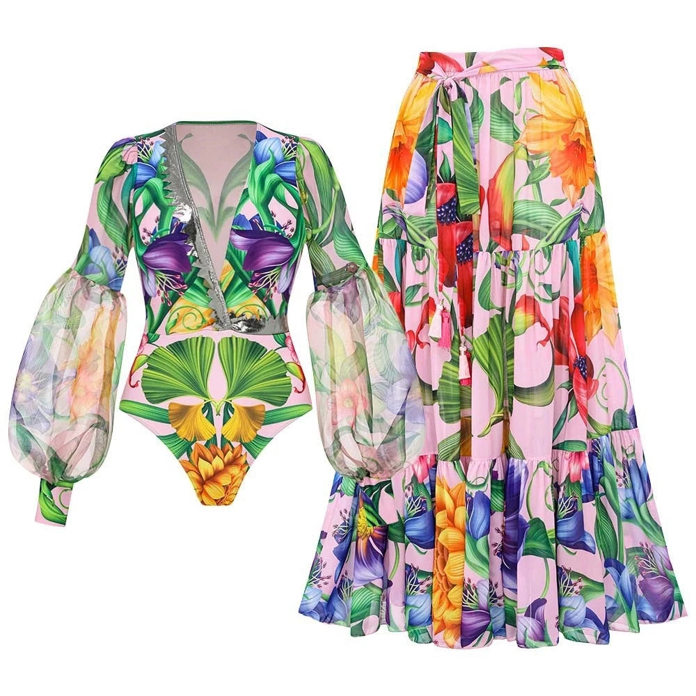 2026 Deep V Swimsuit Long Skirt Women Bikini Printed Swimwear Push Up Biquini Female Fashion Bathing Suit Slimming Beachwear
