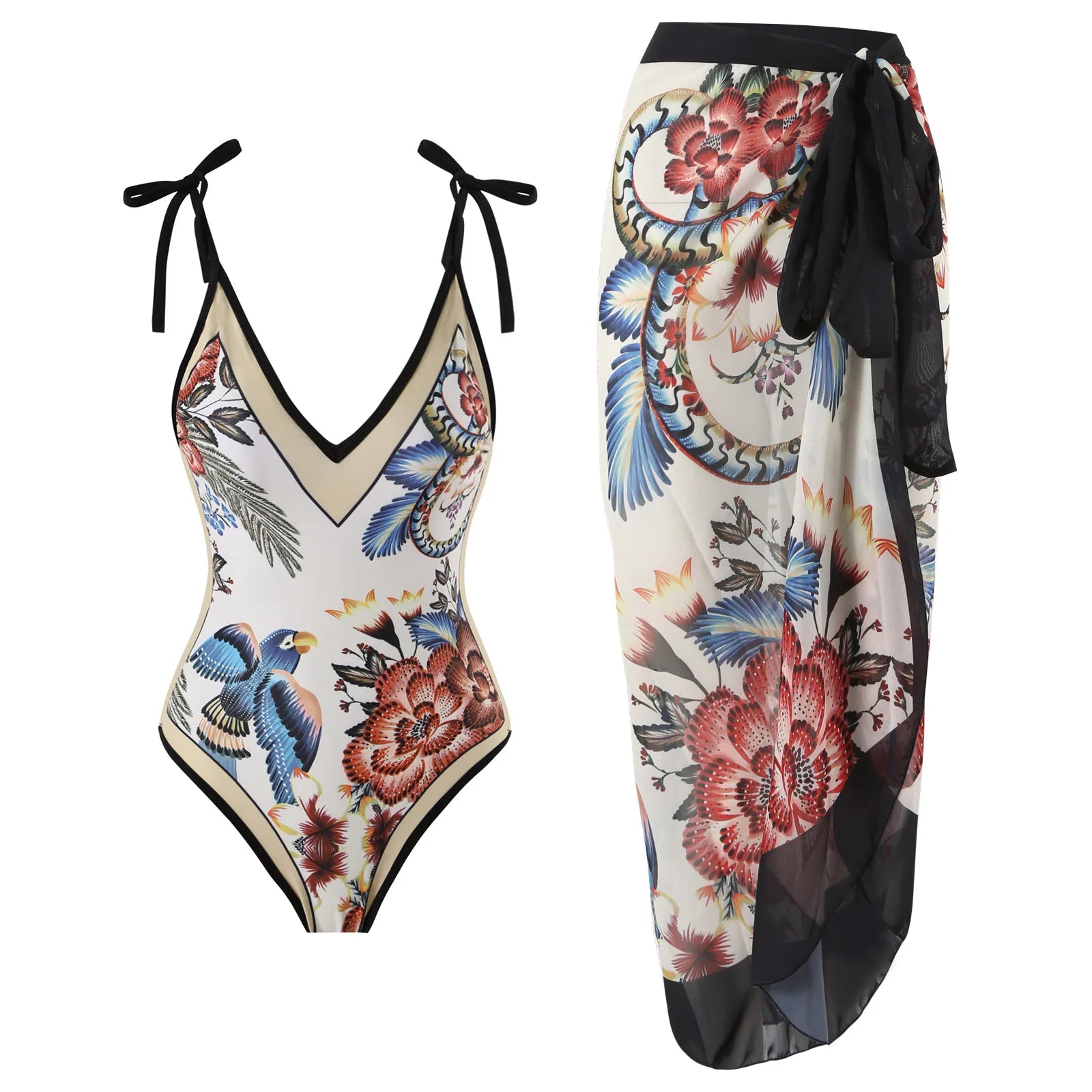 Floral Ruffle Push-Up Bikini Set — Strappy Bandage Swimwear for Women