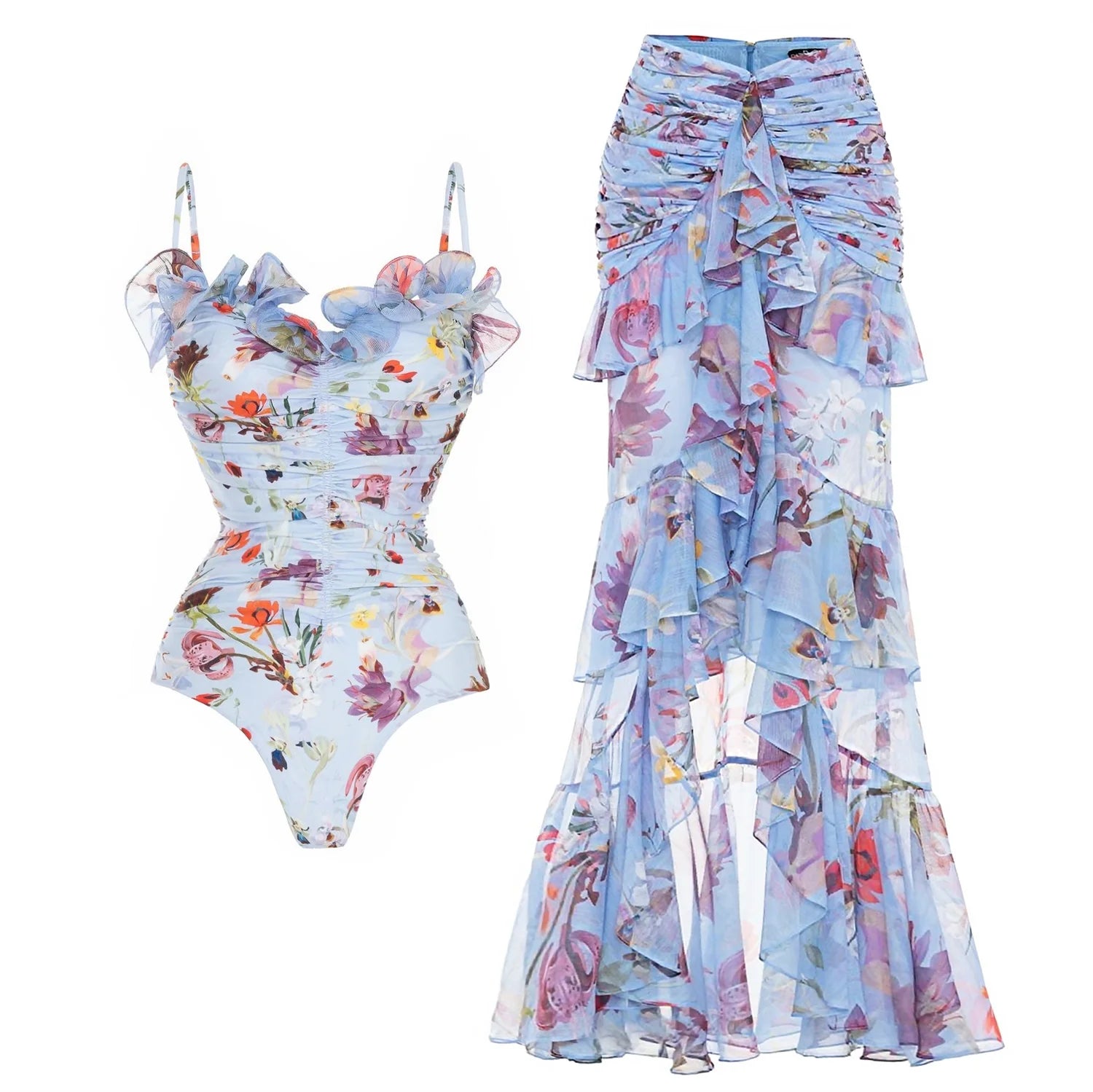 Ruffle Floral Bikini Swimsuit — 2-Piece Strappy Push-Up Beachwear for Women