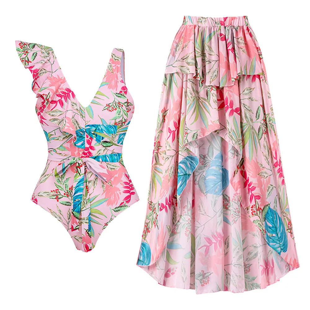Floral Ruffle Push-Up Bikini Set — Strappy Bandage Swimwear for Women