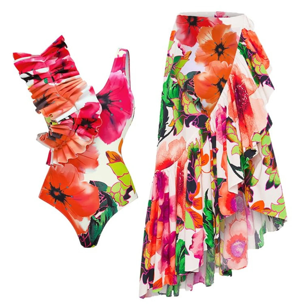 Floral Ruffle Push-Up Bikini Set — Strappy Bandage Swimwear for Women