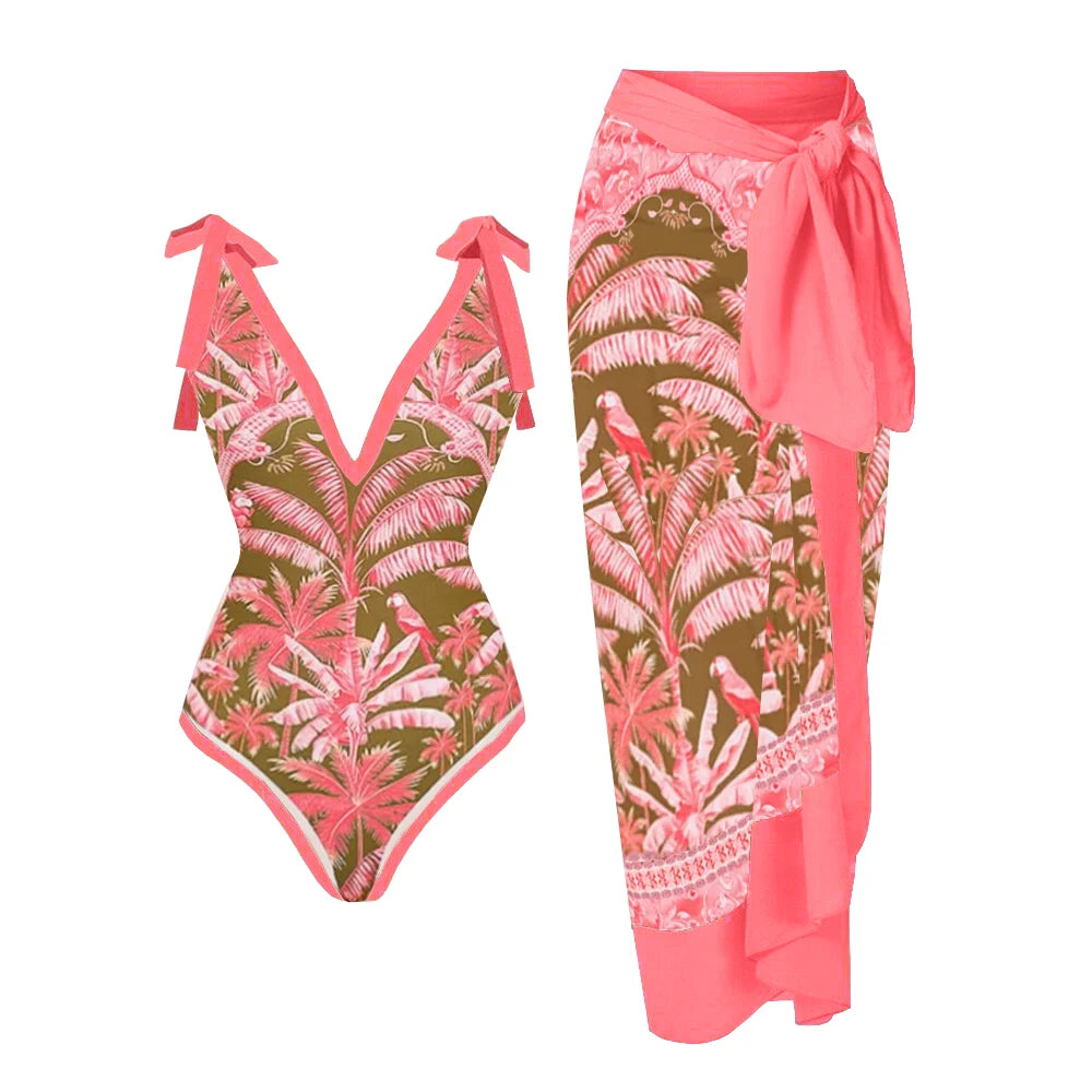 Floral Ruffle Push-Up Bikini Set — Strappy Bandage Swimwear for Women