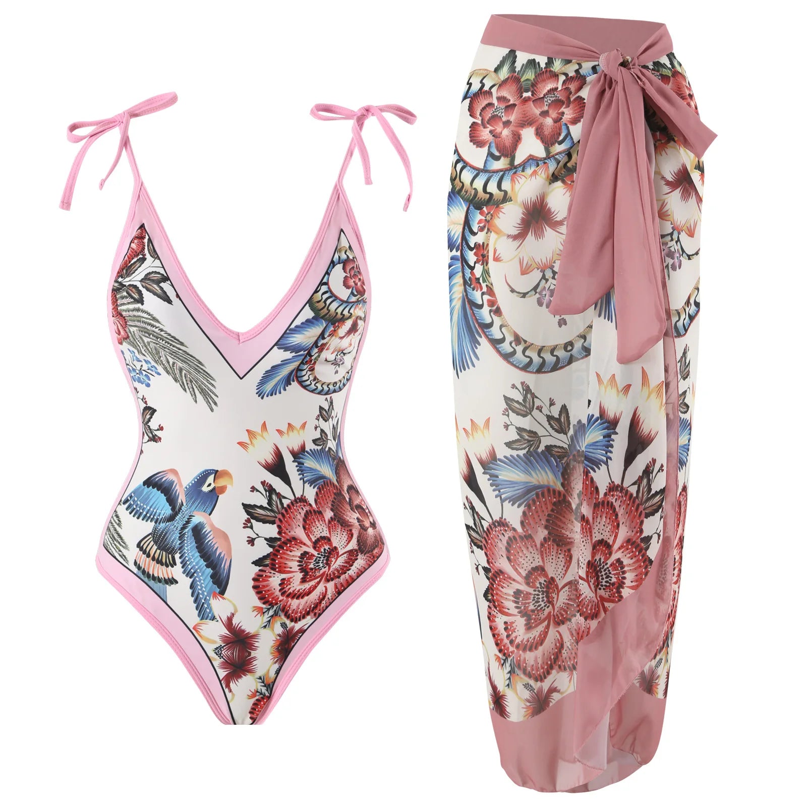 Floral Ruffle Push-Up Bikini Set — Strappy Bandage Swimwear for Women