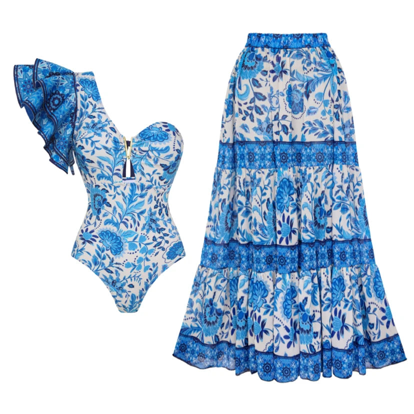 Floral Ruffle Push-Up Bikini Set — Strappy Bandage Swimwear for Women