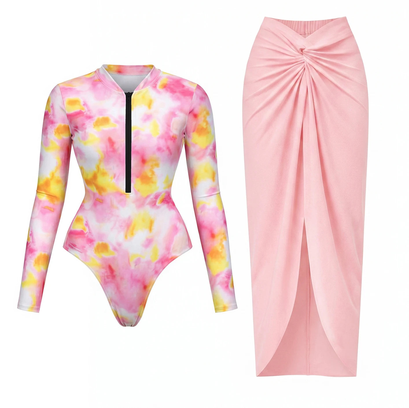 2Pcs Long Sleeve Swimsuit Sexy Women Swimwear With Skirt Female Push Up Bikini Surfing Suit Slim Bathingsuit Bodysuit Beachwear