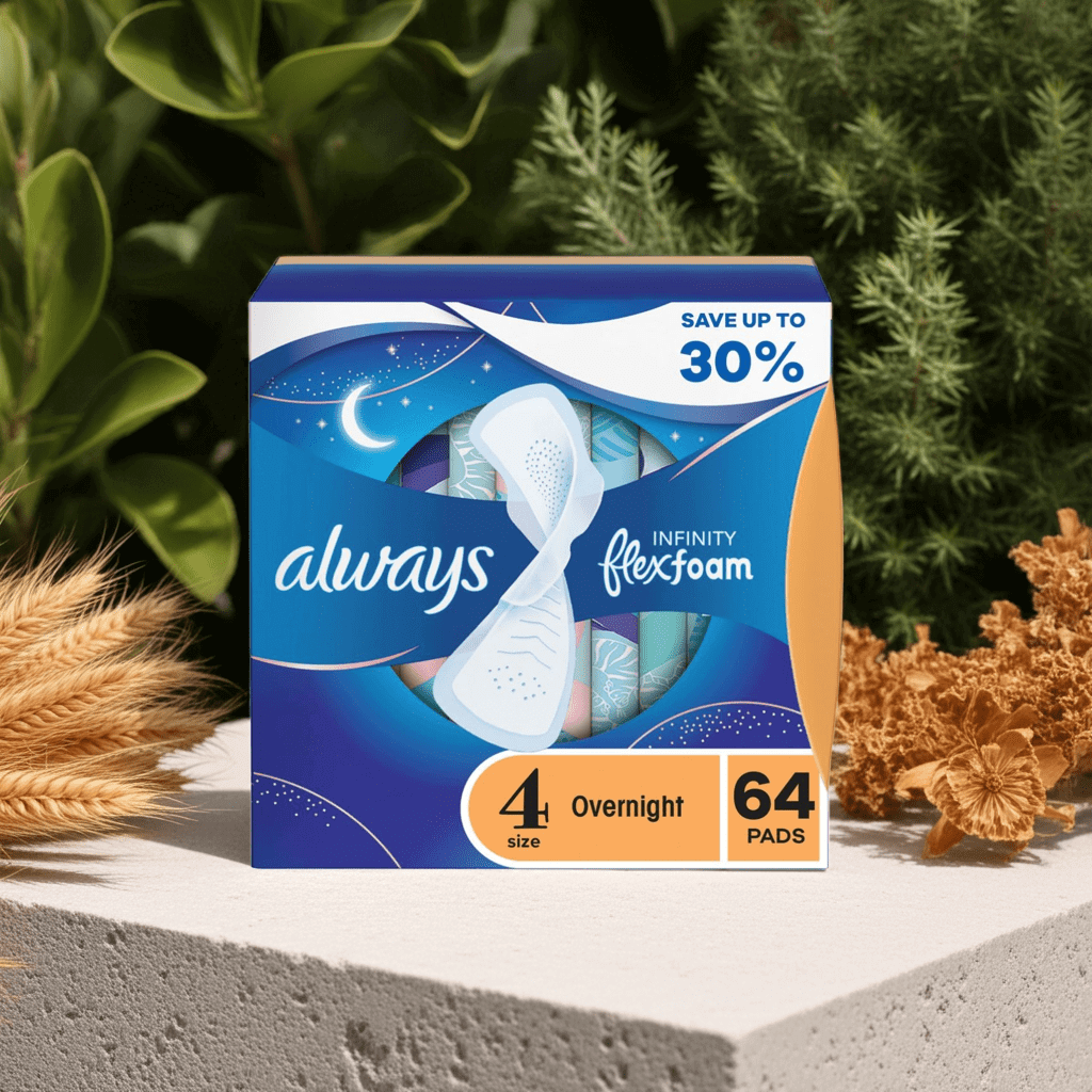 Always Infinity FlexFoam Overnight Pads Size 4 with Wings – 64 Ct