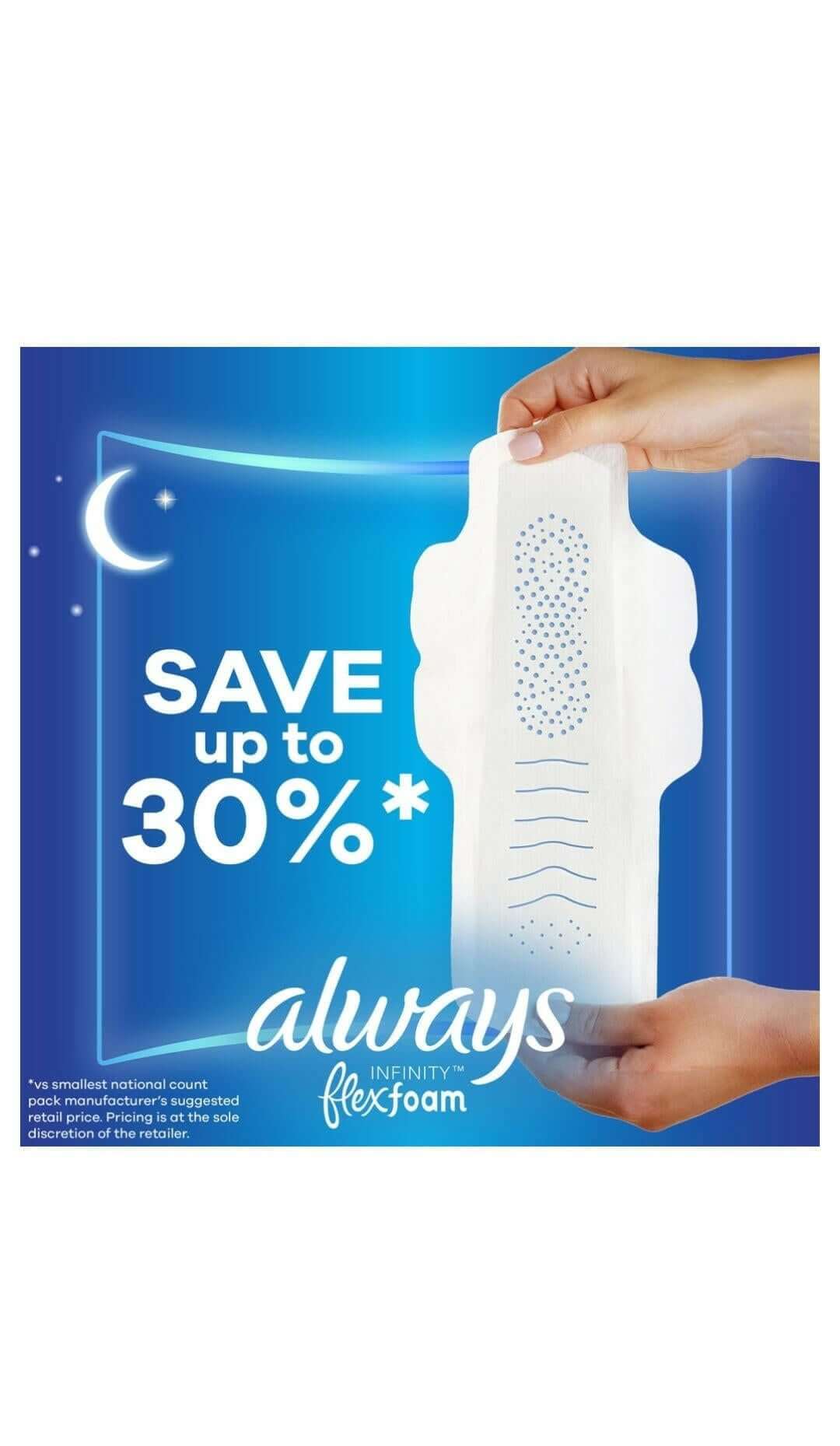 Always Infinity FlexFoam Overnight Pads Size 4 with Wings – 64 Ct