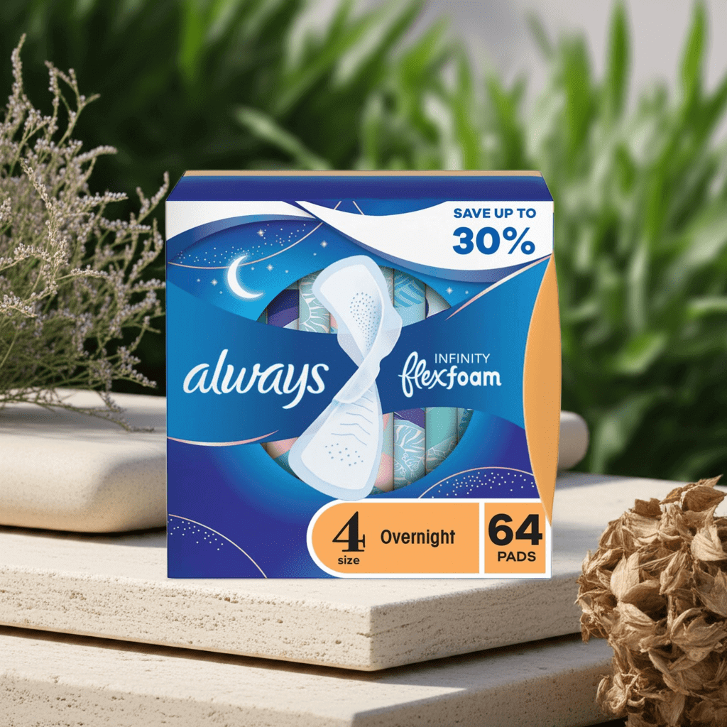 Always Infinity FlexFoam Overnight Pads Size 4 with Wings – 64 Ct