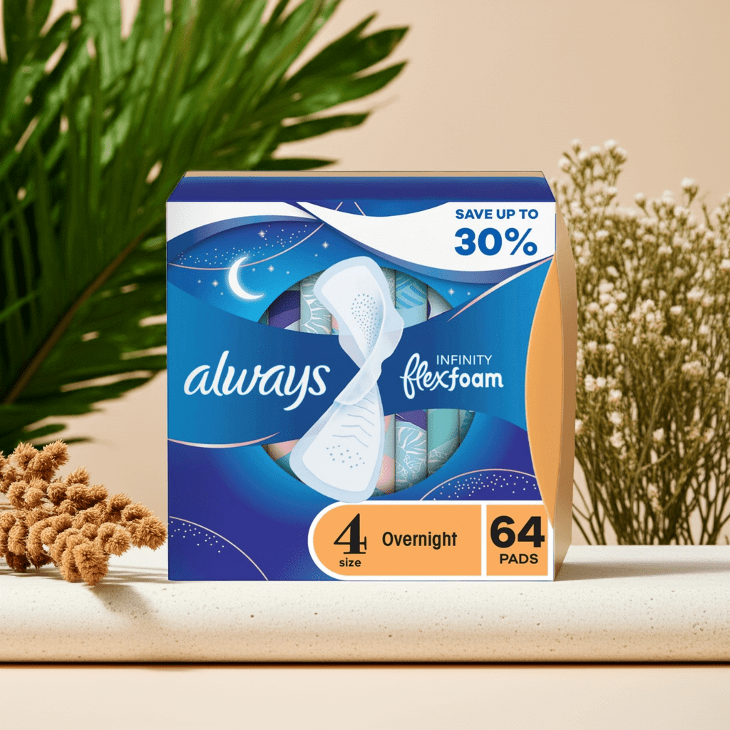 Always Infinity FlexFoam Overnight Pads Size 4 with Wings – 64 Ct
