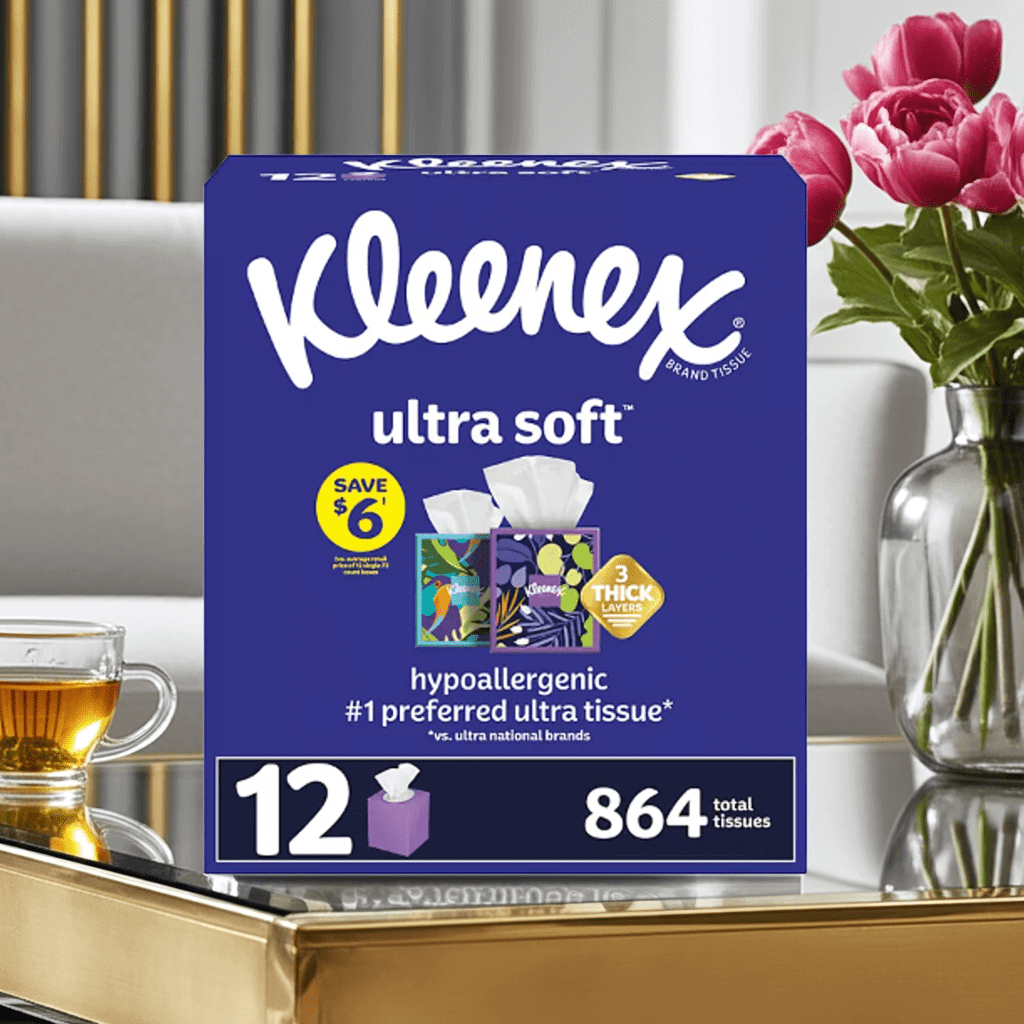 Kleenex Ultra Soft Hypoallergenic Facial Tissues 12 Boxes 3-Ply, 72 ct