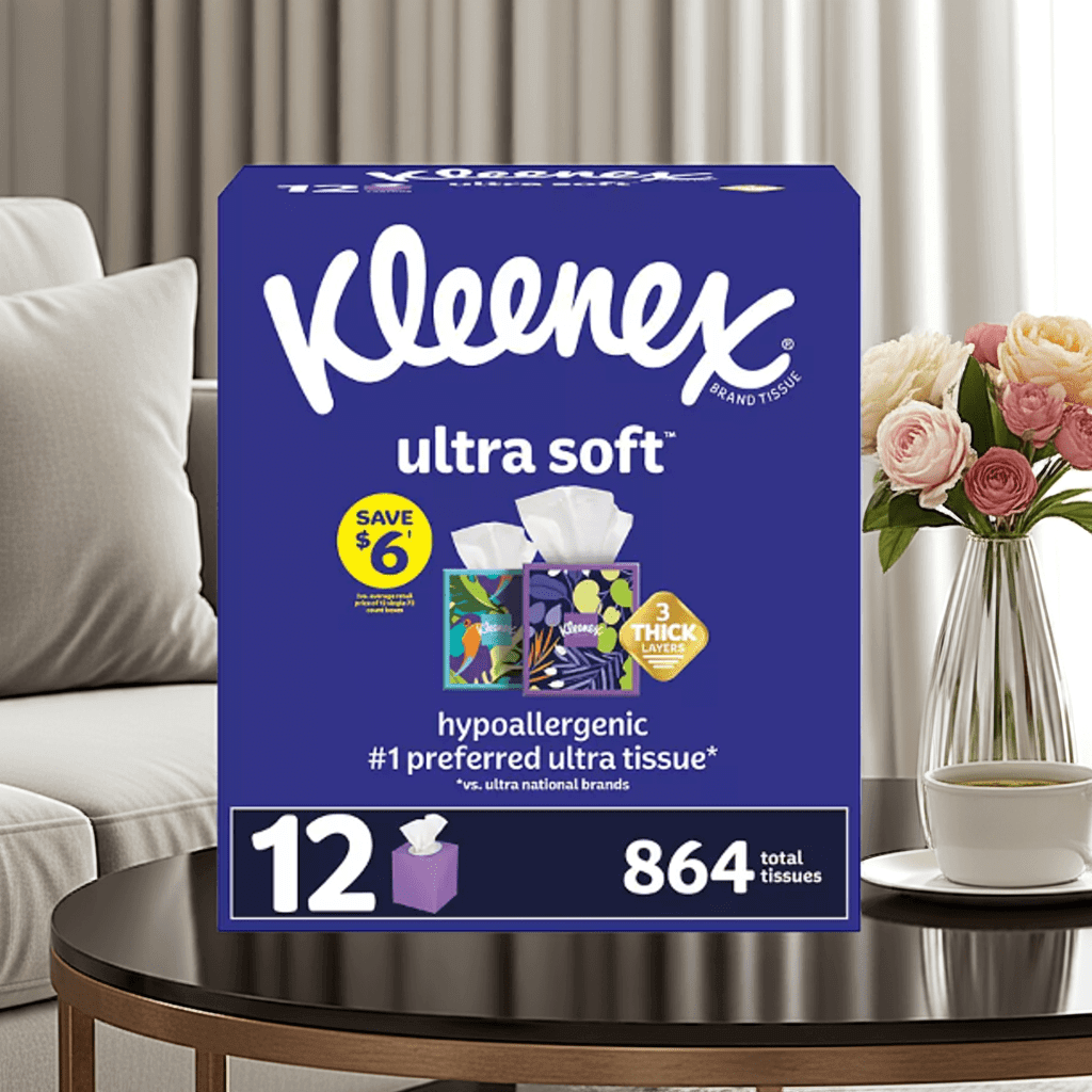 Kleenex Ultra Soft Hypoallergenic Facial Tissues 12 Boxes 3-Ply, 72 ct